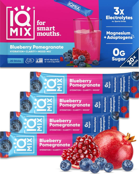 IQMIX Hydration Electrolyte Powder – 4-in-1 Formel für Hydration, geistige Klarheit, Stimmung und Erholung – Zuckerfreies Getränkepulver, Keto, Magnesium-L-Threonat, Löwenmähne – 20 Portionen Blaubeere Granatapfel