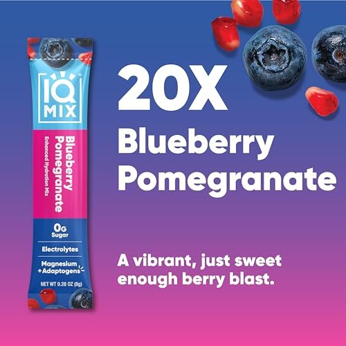 IQMIX Hydration Electrolyte Powder – 4-in-1 Formel für Hydration, geistige Klarheit, Stimmung und Erholung – Zuckerfreies Getränkepulver, Keto, Magnesium-L-Threonat, Löwenmähne – 20 Portionen Blaubeere Granatapfel