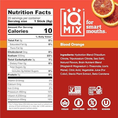 IQMIX Hydration Elektrolyt-Pulver – 4-in-1 Formel für Hydration, geistige Klarheit, Stimmung und Erholung – Zuckerfreies Getränk, Keto, Magnesium-L-Threonat, Löwenmähne – 20 Portionen Blutorange