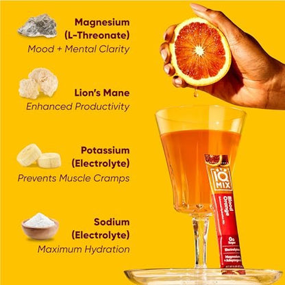 IQMIX Hydration Elektrolyt-Pulver – 4-in-1 Formel für Hydration, geistige Klarheit, Stimmung und Erholung – Zuckerfreies Getränk, Keto, Magnesium-L-Threonat, Löwenmähne – 20 Portionen Blutorange