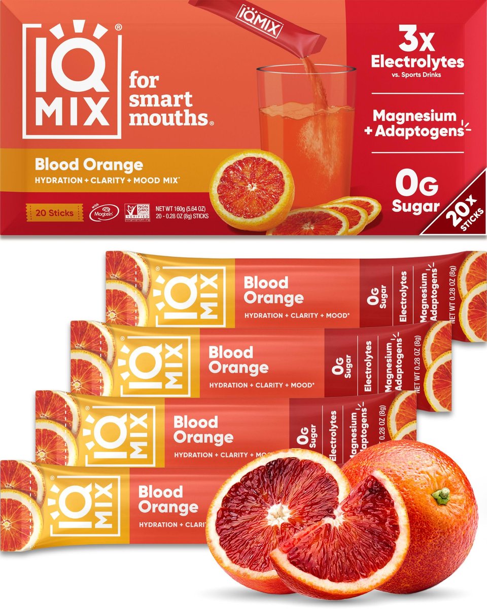 IQMIX Hydration Elektrolyt-Pulver – 4-in-1 Formel für Hydration, geistige Klarheit, Stimmung und Erholung – Zuckerfreies Getränk, Keto, Magnesium-L-Threonat, Löwenmähne – 20 Portionen Blutorange