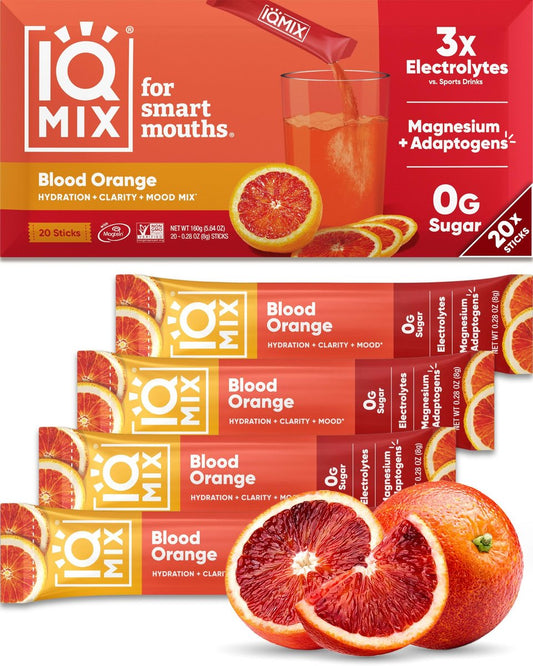 IQMIX Hydration Elektrolyt-Pulver – 4-in-1 Formel für Hydration, geistige Klarheit, Stimmung und Erholung – Zuckerfreies Getränk, Keto, Magnesium-L-Threonat, Löwenmähne – 20 Portionen Blutorange