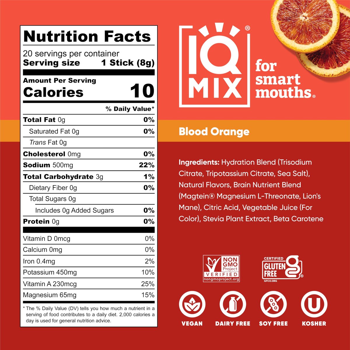 IQMIX Hydration Elektrolyt-Pulver – 4-in-1 Formel für Hydration, geistige Klarheit, Stimmung und Erholung – Zuckerfreies Getränk, Keto, Magnesium-L-Threonat, Löwenmähne – 20 Portionen Blutorange