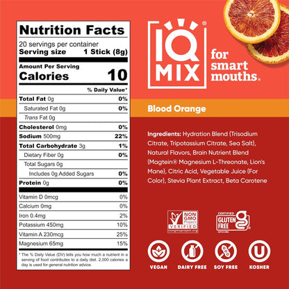 IQMIX Hydration Elektrolyt-Pulver – 4-in-1 Formel für Hydration, geistige Klarheit, Stimmung und Erholung – Zuckerfreies Getränk, Keto, Magnesium-L-Threonat, Löwenmähne – 20 Portionen Blutorange