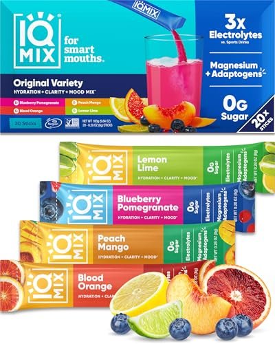 IQMIX Hydration Electrolyte Pulver – 4-in-1 Formel für Hydration, geistige Klarheit, Stimmung und Erholung – Zuckerfreies Getränkepulver, Keto, Magnesium-L-Threonat, Löwenmähne – 20 Beutel Sortenpackung