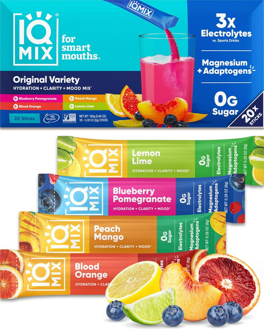 IQMIX Hydration Electrolyte Pulver – 4-in-1 Formel für Hydration, geistige Klarheit, Stimmung und Erholung – Zuckerfreies Getränkepulver, Keto, Magnesium-L-Threonat, Löwenmähne – 20 Beutel Sortenpackung