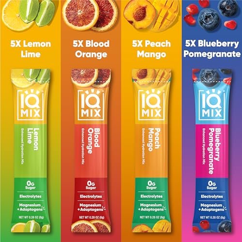 IQMIX Hydration Electrolyte Pulver – 4-in-1 Formel für Hydration, geistige Klarheit, Stimmung und Erholung – Zuckerfreies Getränkepulver, Keto, Magnesium-L-Threonat, Löwenmähne – 20 Beutel Sortenpackung