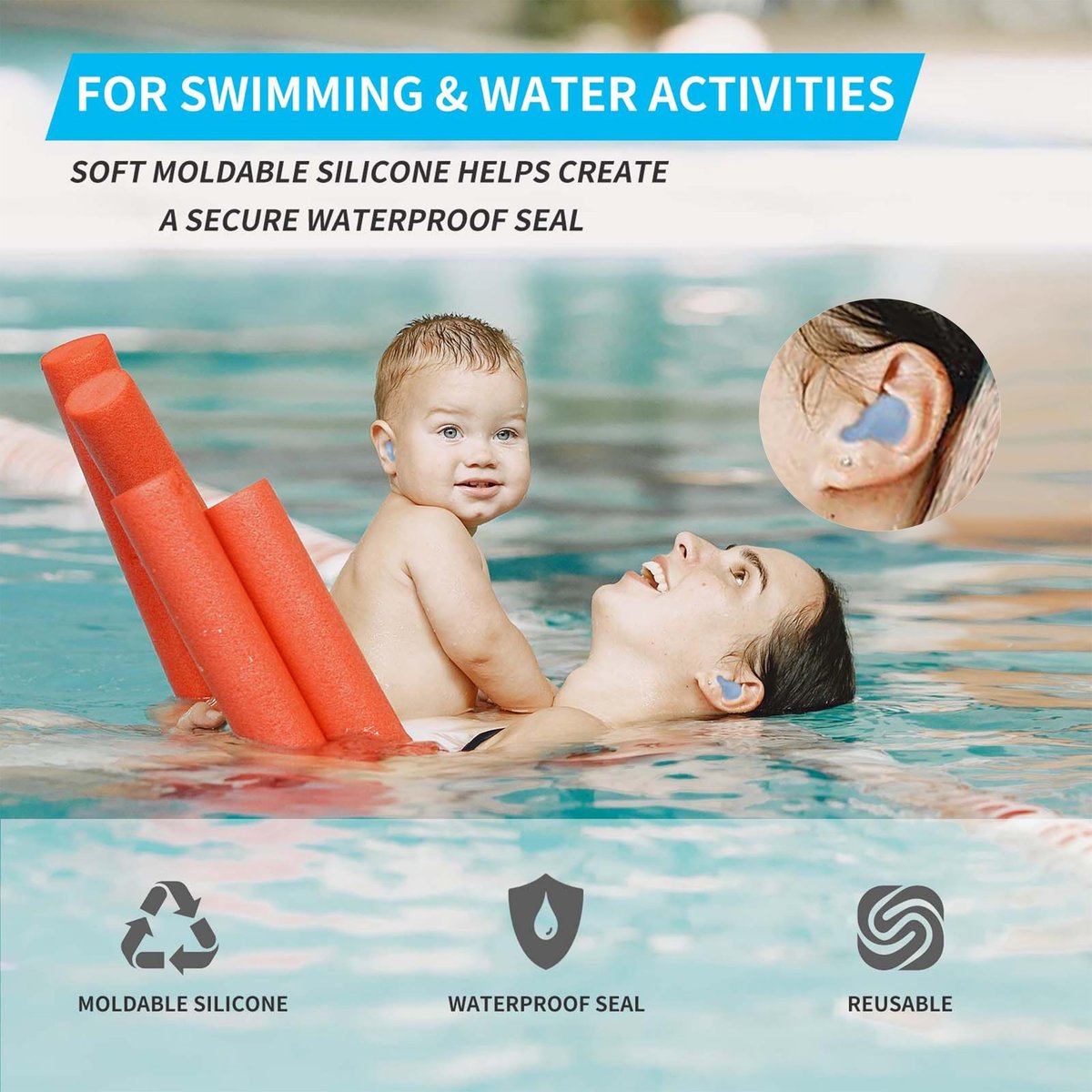 LYSIAN Formbare Silikon-Ohrstöpsel zum Schlafen – Weiche, geräuschreduzierende Ohrstöpsel für Seitenschläfer, wiederverwendbare, wasserdichte Ohrstöpsel gegen Schnarchen, Schwimmen, Reisen, 5 Paar (Blau)