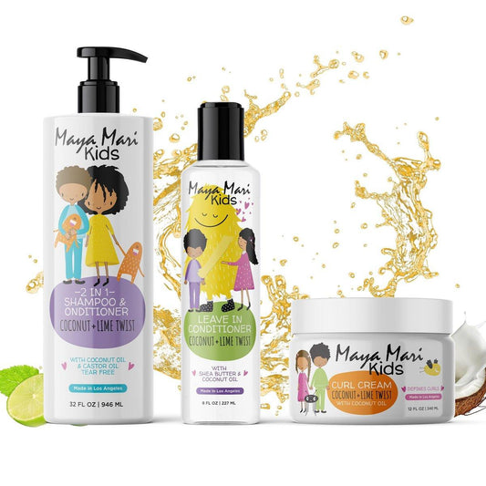 MAYA MARI Kinder Locken Pflegeset | 2-in-1 Shampoo & Conditioner, Lockencreme & Leave-In Conditioner | Sheabutter, Tränenfrei, Frizz-Kontrolle & Sulfatfrei, 1,5 L (52 Fl Oz)
