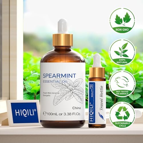 HIQILI 100 ml Pfefferminzöl für Hautpflege, Gesichtspflege – kann Lotionen und Cremes beigemischt werden – 100 % rein natürlich, Behandlungsqualität – 3,38 Fl Oz