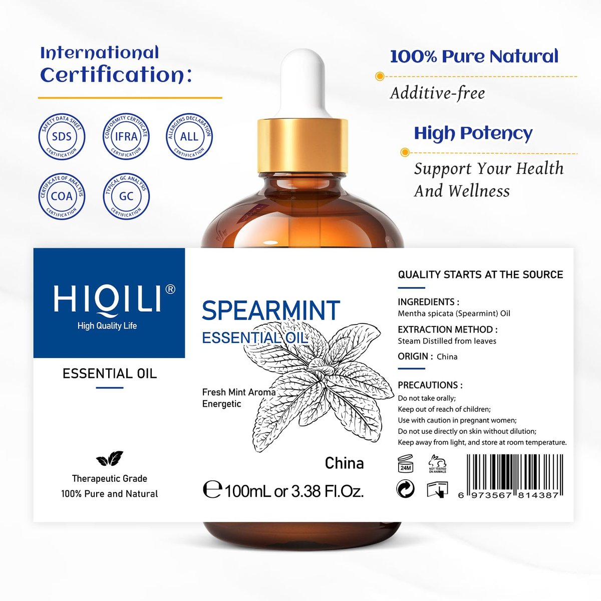 HIQILI 100 ml Pfefferminzöl für Hautpflege, Gesichtspflege – kann Lotionen und Cremes beigemischt werden – 100 % rein natürlich, Behandlungsqualität – 3,38 Fl Oz