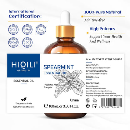 HIQILI 100 ml Pfefferminzöl für Hautpflege, Gesichtspflege – kann Lotionen und Cremes beigemischt werden – 100 % rein natürlich, Behandlungsqualität – 3,38 Fl Oz