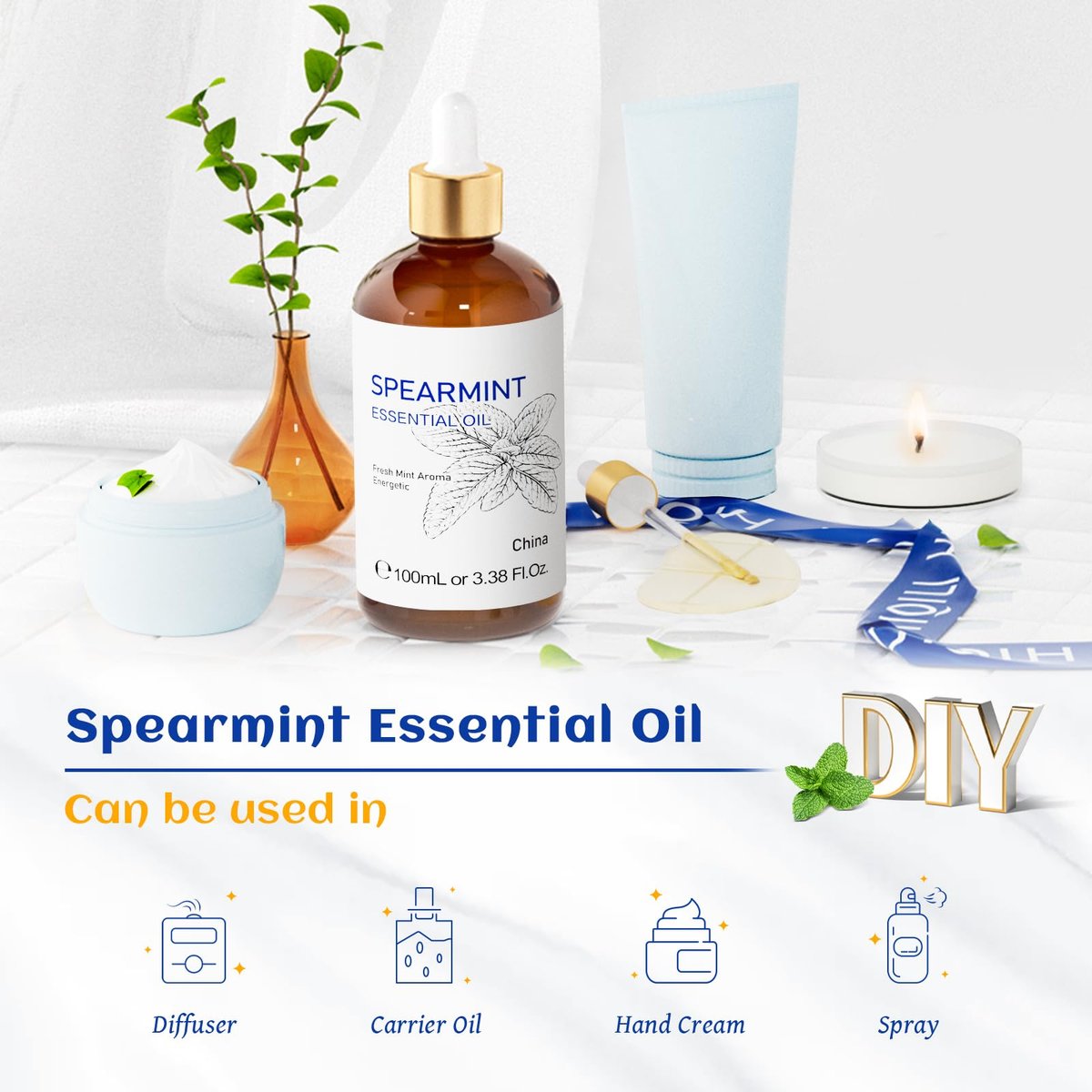 HIQILI 100 ml Pfefferminzöl für Hautpflege, Gesichtspflege – kann Lotionen und Cremes beigemischt werden – 100 % rein natürlich, Behandlungsqualität – 3,38 Fl Oz