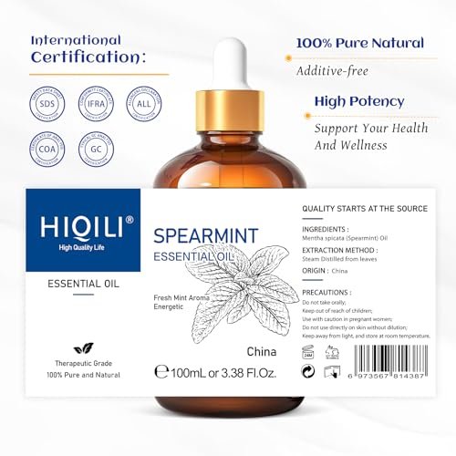 HIQILI 100 ml Pfefferminzöl für Hautpflege, Gesichtspflege – kann Lotionen und Cremes beigemischt werden – 100 % rein natürlich, Behandlungsqualität – 3,38 Fl Oz