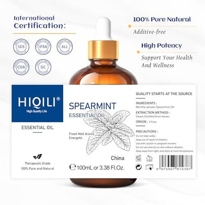 HIQILI 100 ml Pfefferminzöl für Hautpflege, Gesichtspflege – kann Lotionen und Cremes beigemischt werden – 100 % rein natürlich, Behandlungsqualität – 3,38 Fl Oz