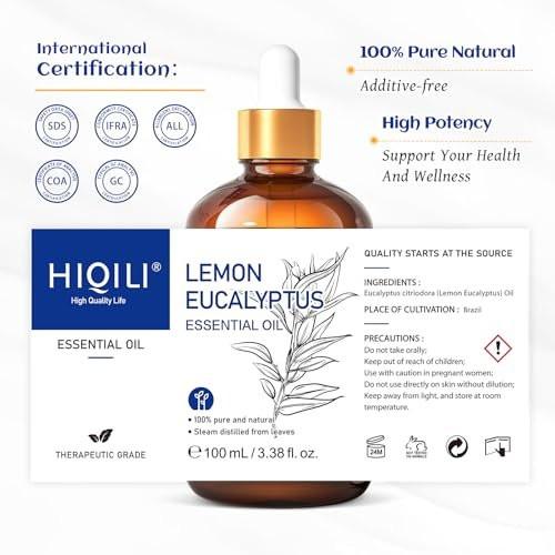 HIQILI Zitronen-Eukalyptusöl, für Spray, Diffuser, Innen, Außen, Garten, Hof, 100% rein natürlich - 100 ml