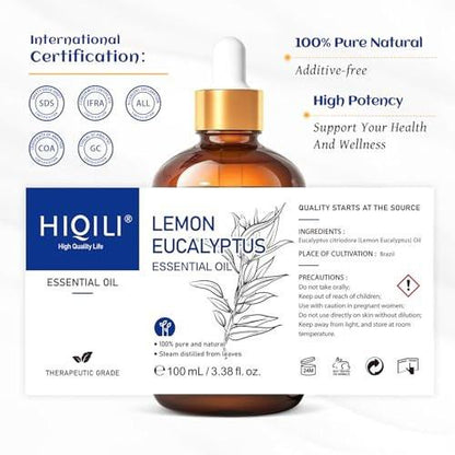 HIQILI Zitronen-Eukalyptusöl, für Spray, Diffuser, Innen, Außen, Garten, Hof, 100% rein natürlich - 100 ml