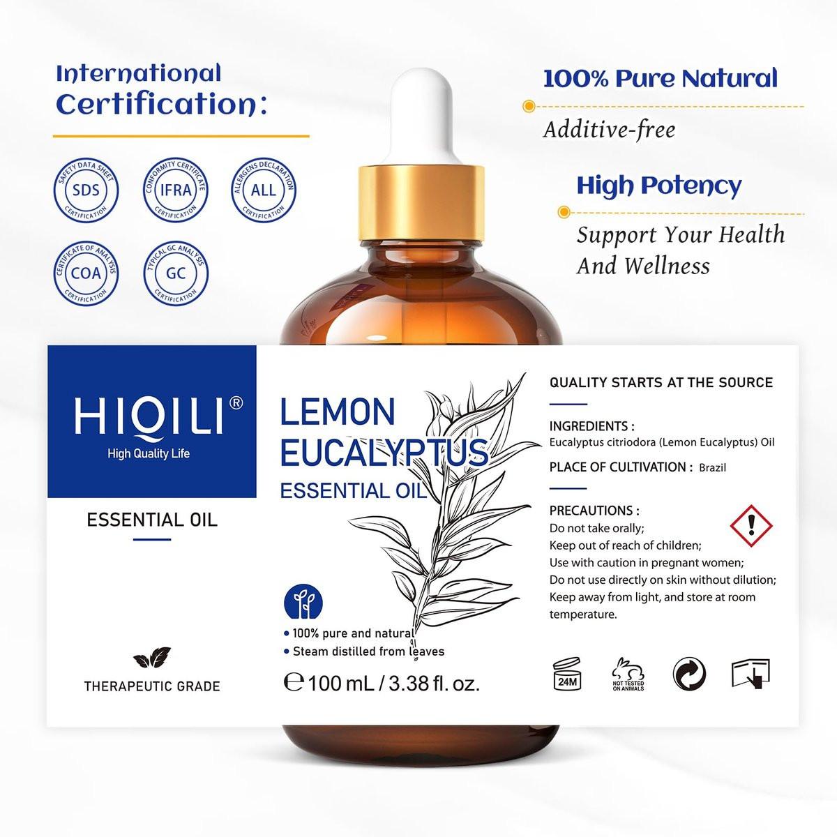 HIQILI Zitronen-Eukalyptusöl, für Spray, Diffuser, Innen, Außen, Garten, Hof, 100% rein natürlich - 100 ml
