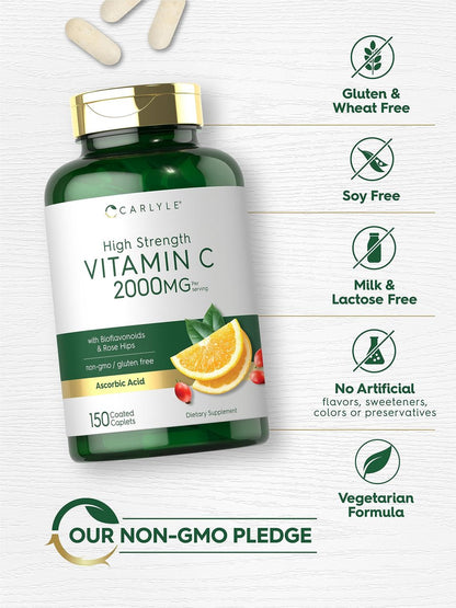 Carlyle Vitamin C 2000mg mit Hagebutte – 150 Tabletten, Vegetarisch, Non-GMO, Glutenfrei