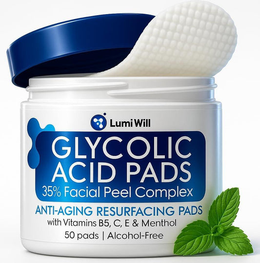 LUMI WILL Glykolsäure-Pads 35% – Peeling-Gesichtspads mit Vitaminen B5, C, E & Grüntee – Resurfacing-Säurepeeling für ungleichmäßigen Ton & Textur – Chemisches Peeling für zu Hause – 50 getränkte Pads