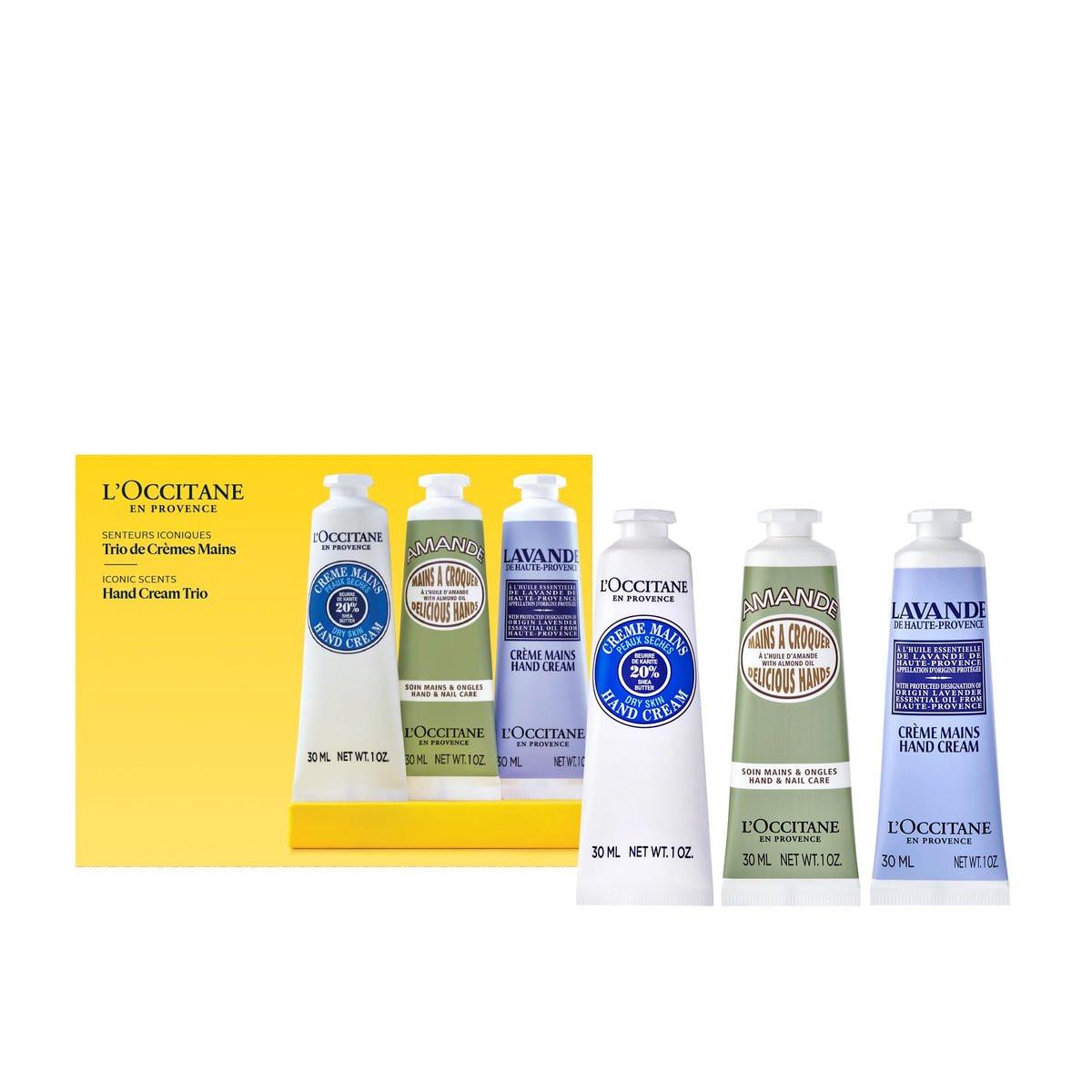 L’Occitane Handcreme Klassiker 3-teiliges Geschenkset, Feuchtigkeitsspendende Hautpflege Trio, Pflegende Cremes für trockene Hände, Nägel und Nagelhaut, Reisegröße, Vegan
