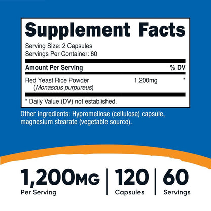 Nutricost Roter Reis 1200 mg, 120 Kapseln – 60 Portionen, pflanzliche Kapseln, Nicht-GVO, Glutenfrei