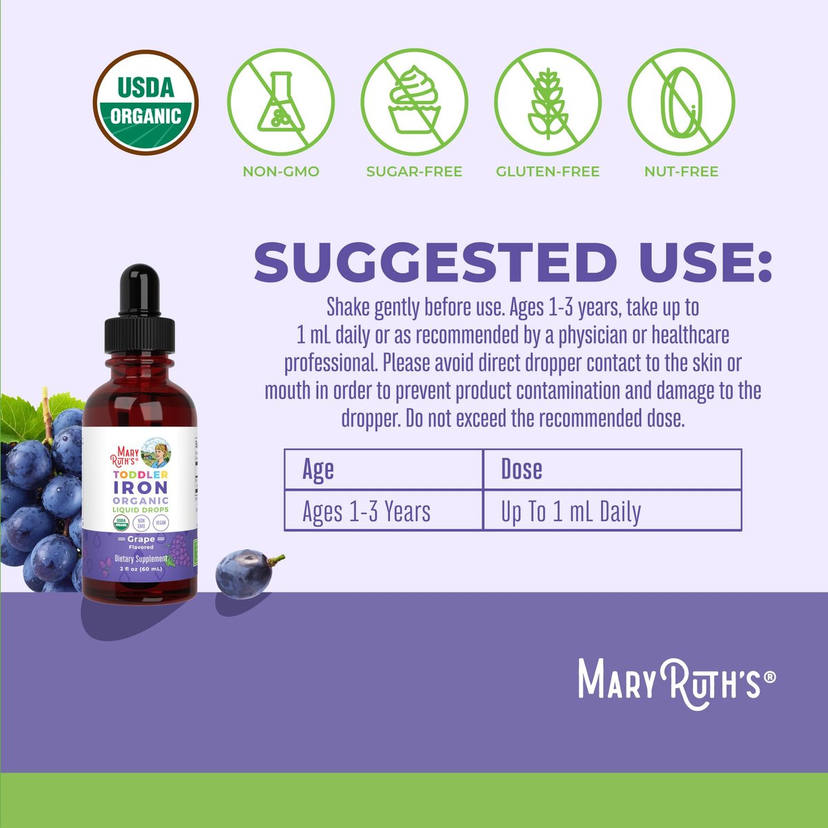 MaryRuth's Eisenpräparat für Kleinkinder | Flüssiges Eisen für Kinder von 1-3 Jahren | Eisenmangel | Ferrochel | Zuckerfrei | Vegan | Ohne Gentechnik | Glutenfrei | 60 ml