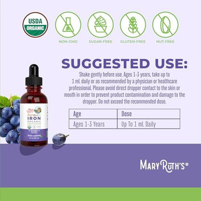 MaryRuth's Eisenpräparat für Kleinkinder | Flüssiges Eisen für Kinder von 1-3 Jahren | Eisenmangel | Ferrochel | Zuckerfrei | Vegan | Ohne Gentechnik | Glutenfrei | 60 ml