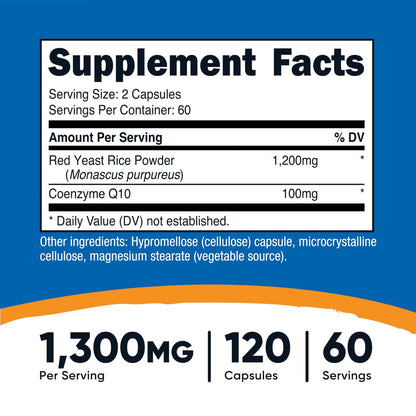 Nutricost Roter Reis mit CoQ10 1300 mg, 120 Kapseln, 60 Portionen - Non-GMO, Glutenfrei