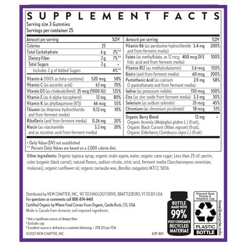New Chapter Frauen Multivitamin Gummis – 59 % weniger Zucker, mit Vitamin C, D3 & Zink, ohne Gentechnik, glutenfrei, Beeren-Zitrus-Geschmack, 75 Stück