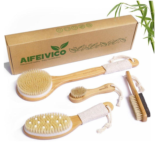 AIFEIVICO Trockenbürste für den Körper – Bambus-Bürste mit Naturborsten, Peeling-Bürste für Gesicht, Füße, Rücken, Lymphdrainage und Cellulite