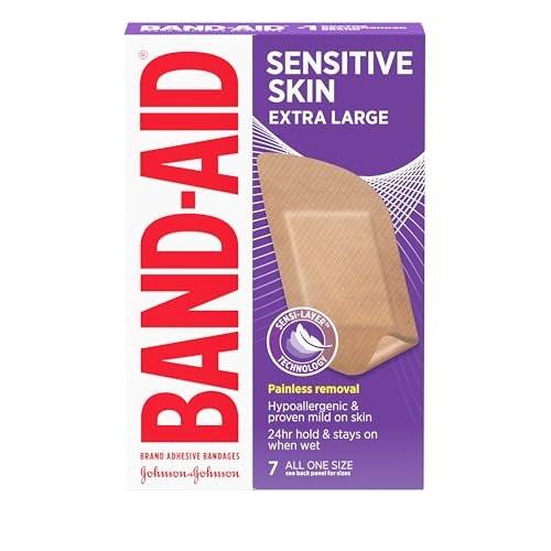 BAND-AID Brand Pflaster für empfindliche Haut, hypoallergene Erste-Hilfe-Pflaster mit schmerzfreiem Entfernen, haften bei Nässe & geeignet für zu Ekzemen neigende Haut, extra große Größe, 7 Stück