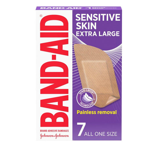 BAND-AID Brand Pflaster für empfindliche Haut, hypoallergene Erste-Hilfe-Pflaster mit schmerzfreiem Entfernen, haften bei Nässe & geeignet für zu Ekzemen neigende Haut, extra große Größe, 7 Stück