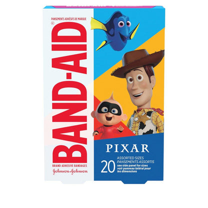 Band-Aid Markenpflaster für kleine Schnitte und Schrammen mit Disney/Pixar Motiven, bunte Pflaster für Kinder, gemischte Größen, 20 Stück