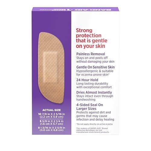 BAND-AID Brand Pflaster für empfindliche Haut, hypoallergene Erste-Hilfe-Pflaster mit schmerzfreiem Entfernen, haften bei Nässe & geeignet für zu Ekzemen neigende Haut, extra große Größe, 7 Stück