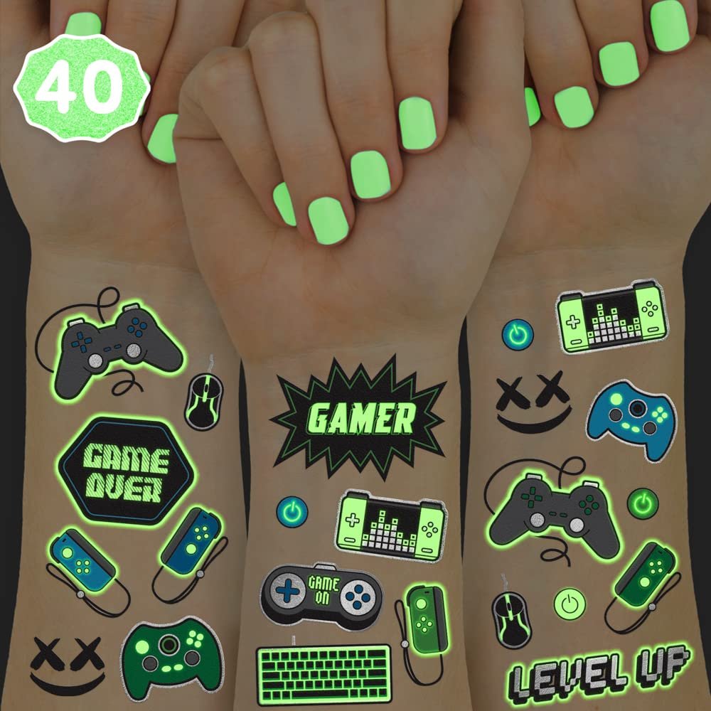 xo, Fetti Videospiel-Party-Tattoos - 40 leuchtende Designs im Dunkeln | Geburtstagsgeschenke für Gamer, Controller, Tastatur, Arcade