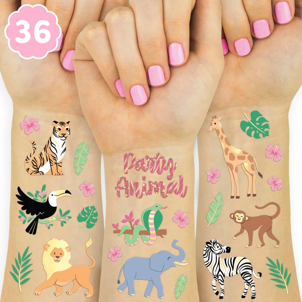 xo, Fetti Dschungel-Tattoos für Kinder – 36 Motive: Elefant, Giraffe, Tiger & mehr – Wildtier-Party-Zubehör