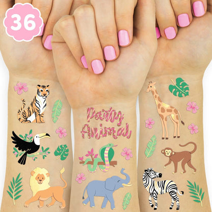 xo, Fetti Dschungel-Tattoos für Kinder – 36 Motive: Elefant, Giraffe, Tiger & mehr – Wildtier-Party-Zubehör