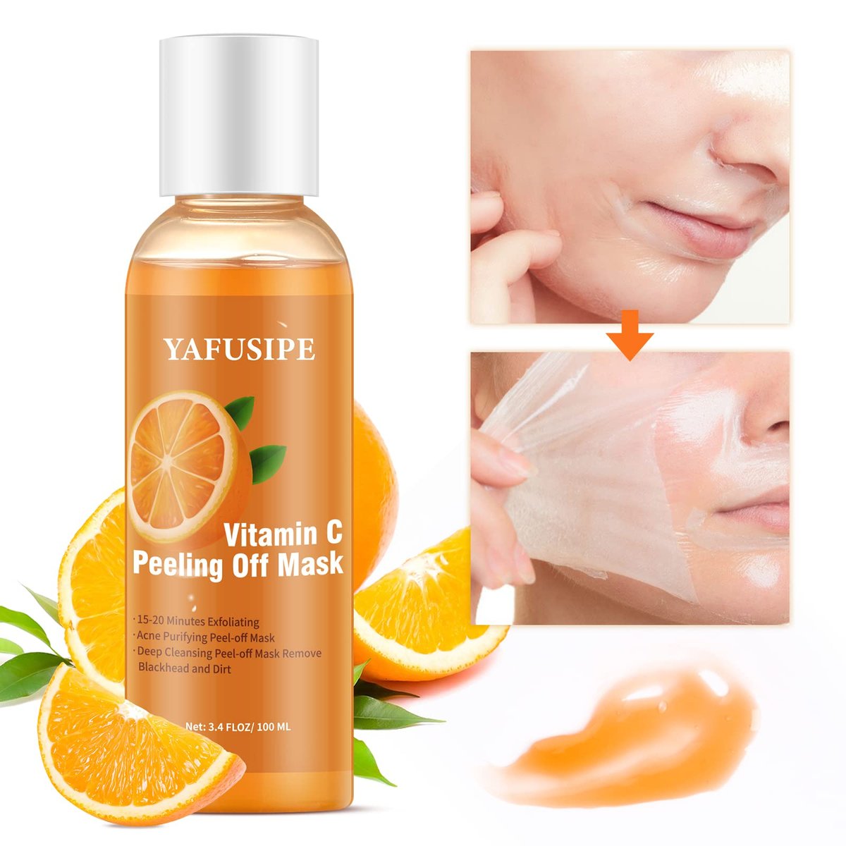 YAFUSIPE Vitamin C Peel-Off Maske – 3,4 fl oz, orange, Mitesserentfernung & Tiefenreinigung