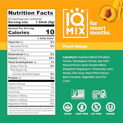 IQMIX Hydration Electrolyte Pulver – 4-in-1 Formel für Hydration, geistige Klarheit, Stimmung und Erholung – Zuckerfreies Getränkepulver, Keto, Magnesium-L-Threonat, Löwenmähne – 20 Portionen Pfirsich Mango