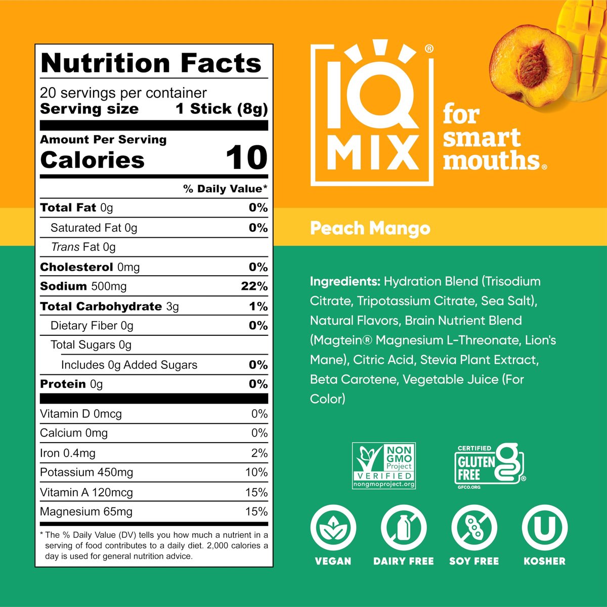 IQMIX Hydration Electrolyte Pulver – 4-in-1 Formel für Hydration, geistige Klarheit, Stimmung und Erholung – Zuckerfreies Getränkepulver, Keto, Magnesium-L-Threonat, Löwenmähne – 20 Portionen Pfirsich Mango