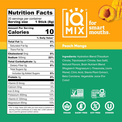 IQMIX Hydration Electrolyte Pulver – 4-in-1 Formel für Hydration, geistige Klarheit, Stimmung und Erholung – Zuckerfreies Getränkepulver, Keto, Magnesium-L-Threonat, Löwenmähne – 20 Portionen Pfirsich Mango