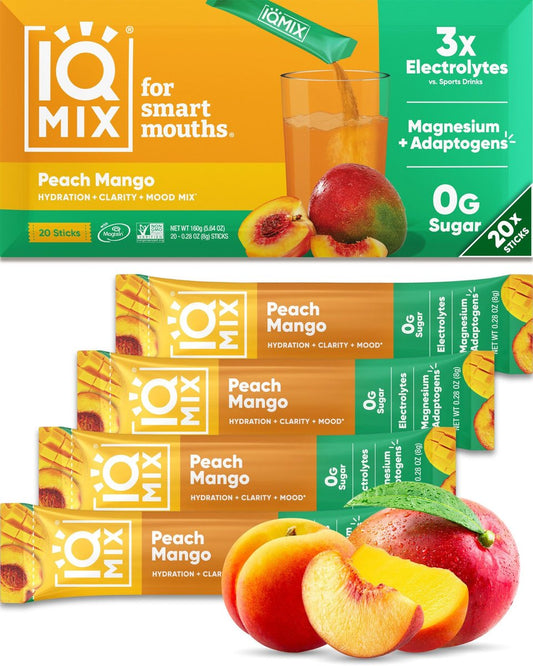 IQMIX Hydration Electrolyte Pulver – 4-in-1 Formel für Hydration, geistige Klarheit, Stimmung und Erholung – Zuckerfreies Getränkepulver, Keto, Magnesium-L-Threonat, Löwenmähne – 20 Portionen Pfirsich Mango