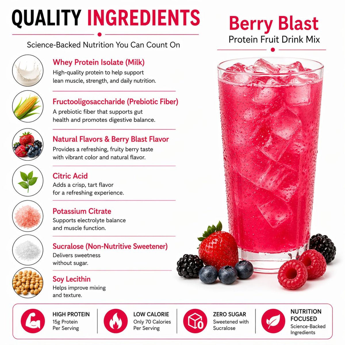 ProtiFit High Protein Fruchtgetränkepulver – Berry Blast, 15g Protein, Zuckerfrei, Kalorienarm, 7 Portionen