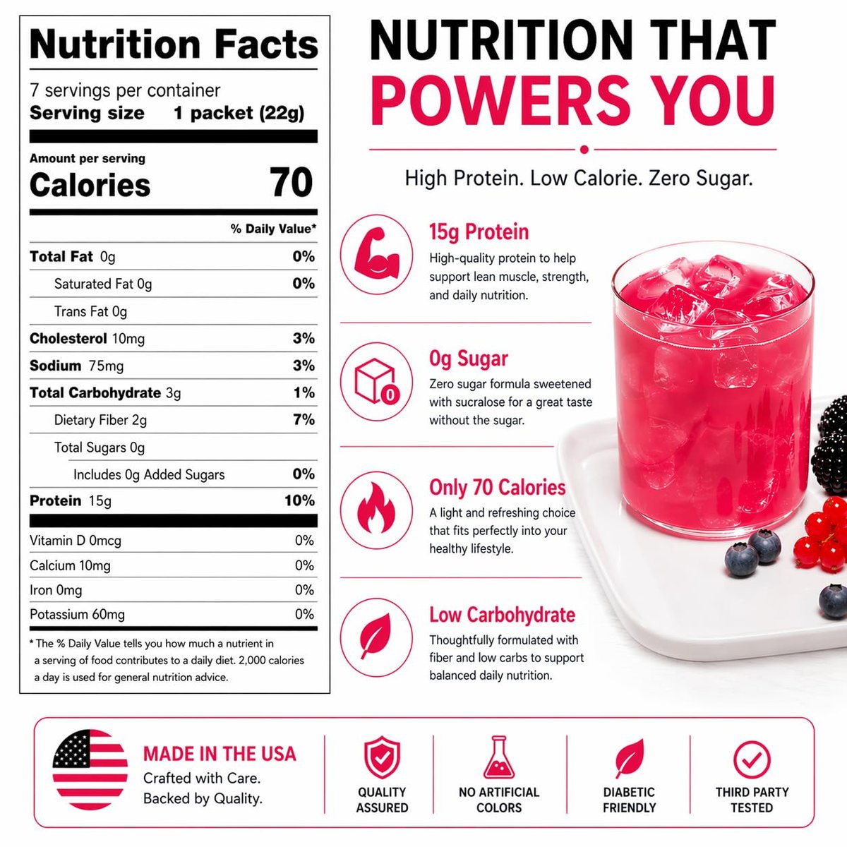 ProtiFit High Protein Fruchtgetränkepulver – Berry Blast, 15g Protein, Zuckerfrei, Kalorienarm, 7 Portionen