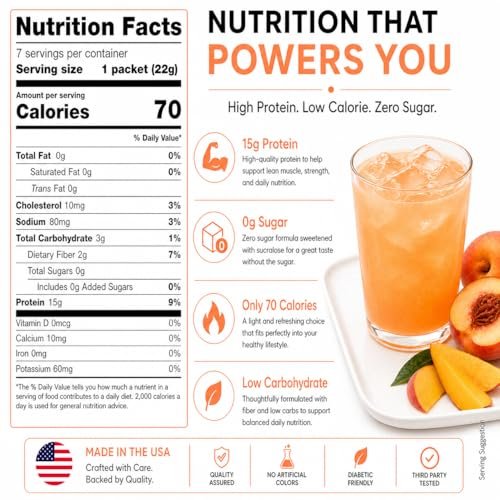 PROTIFIT High Protein Fruchtgetränk-Pulver Pfirsich Mango – 15g Protein, Zuckerfrei, Kalorienarm, 7 Portionen
