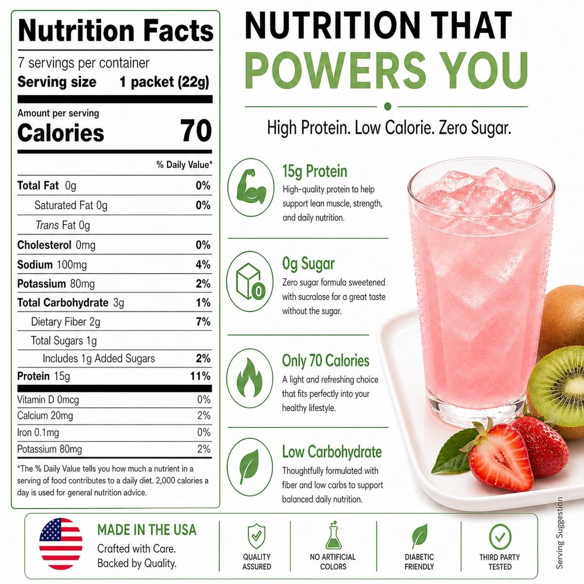 PROTIFIT - High Protein Fruchtgetränkepulver, Erdbeer-Kiwi, 15g Protein, Kalorienarm, Zuckerfrei, 7 Portionen pro Packung