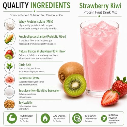 PROTIFIT - High Protein Fruchtgetränkepulver, Erdbeer-Kiwi, 15g Protein, Kalorienarm, Zuckerfrei, 7 Portionen pro Packung