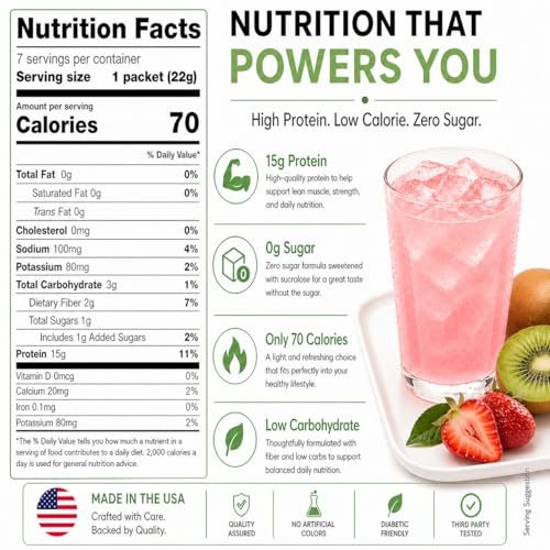 PROTIFIT - High Protein Fruchtgetränkepulver, Erdbeer-Kiwi, 15g Protein, Kalorienarm, Zuckerfrei, 7 Portionen pro Packung