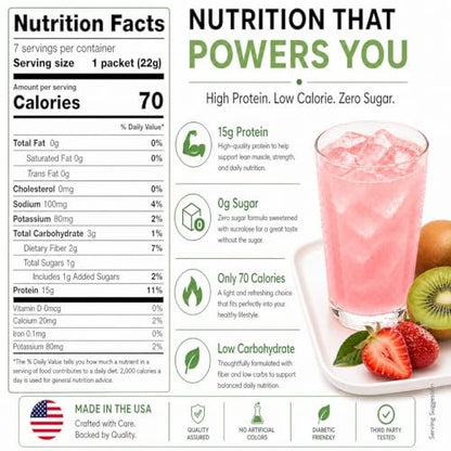 PROTIFIT - High Protein Fruchtgetränkepulver, Erdbeer-Kiwi, 15g Protein, Kalorienarm, Zuckerfrei, 7 Portionen pro Packung